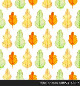 Watercolor autumn floral seamless pattern with green, orange and yellow oak leaves. Hand drawn nature background