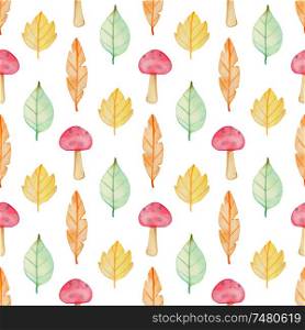 Watercolor autumn floral seamless pattern with leaves and mushrooms. Hand drawn nature background