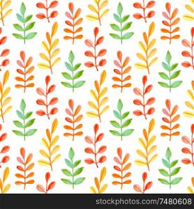 Watercolor autumn floral seamless pattern with orange and green leaves. Hand drawn nature background