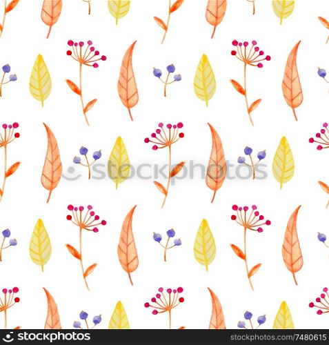 Watercolor autumn floral seamless pattern with orange leaves and berry. Hand drawn nature background