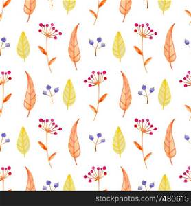 Watercolor autumn floral seamless pattern with orange leaves and berry. Hand drawn nature background