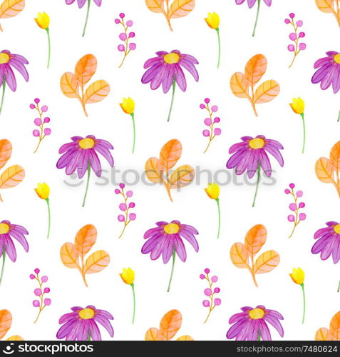 Watercolor autumn floral seamless pattern with orange leaves and daisy flowers. Hand drawn nature background