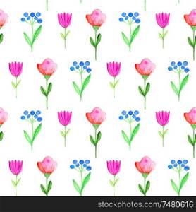 Watercolor autumn floral seamless pattern with pink and red flowers. Hand drawn nature background