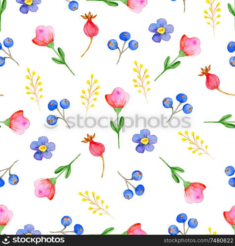 Watercolor autumn floral seamless pattern with pink and violet flowers. Hand drawn nature background