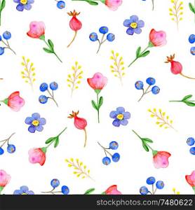 Watercolor autumn floral seamless pattern with pink and violet flowers. Hand drawn nature background
