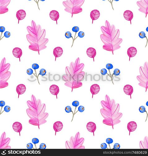Watercolor autumn floral seamless pattern with pink leaves and blue berry. Hand drawn nature background