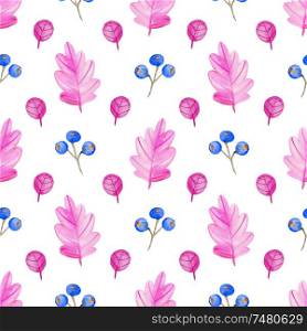 Watercolor autumn floral seamless pattern with pink leaves and blue berry. Hand drawn nature background
