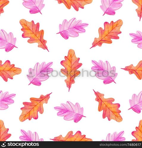 Watercolor autumn floral seamless pattern with red and orange oak leaves. Hand drawn nature background