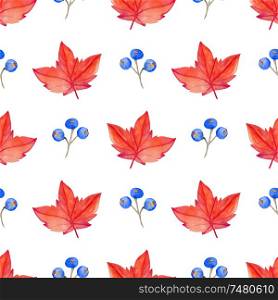 Watercolor autumn floral seamless pattern with red maple leaves and blue berry. Hand drawn nature background