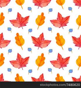 Watercolor autumn floral seamless pattern with red maple leaves and blue berry. Hand drawn nature background