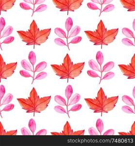 Watercolor autumn floral seamless pattern with red maple leaves. Hand drawn nature background