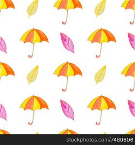 Watercolor autumn seamless pattern with orange umbrella and leaves. Hand drawn background