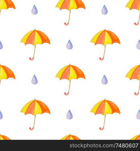 Watercolor autumn seamless pattern with orange umbrella and raindrops. Hand drawn background