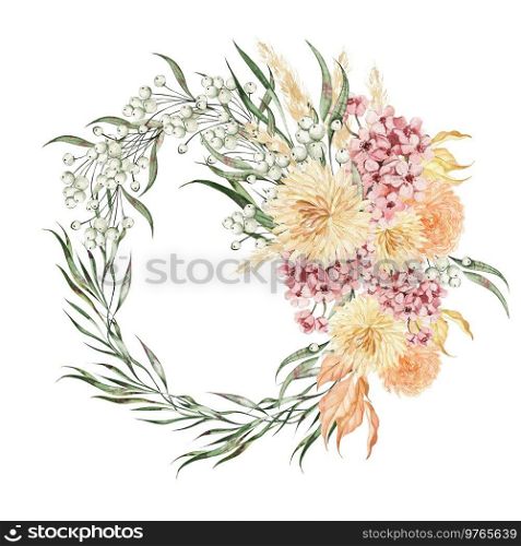  Watercolor autumn wreath with chrysanthemum flowers, leaves and berries. Illustration.  Watercolor autumn wreath with chrysanthemum flowers, leaves and berries.