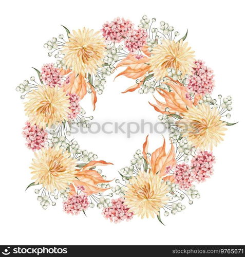  Watercolor autumn wreath with chrysanthemum flowers, leaves and berries. Illustration.  Watercolor autumn wreath with chrysanthemum flowers, leaves and berries.