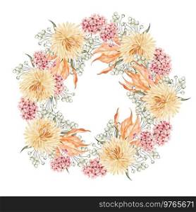  Watercolor autumn wreath with chrysanthemum flowers, leaves and berries. Illustration.  Watercolor autumn wreath with chrysanthemum flowers, leaves and berries.