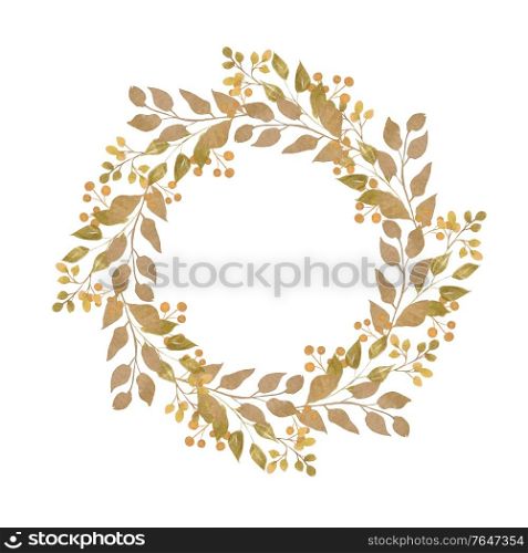Watercolor autumn wreath with leaves and gold elements. Illustration. Watercolor autumn wreath with leaves and gold elements.