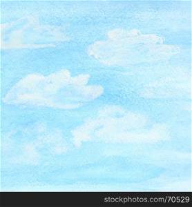 Watercolor background with blue spring sky and clouds