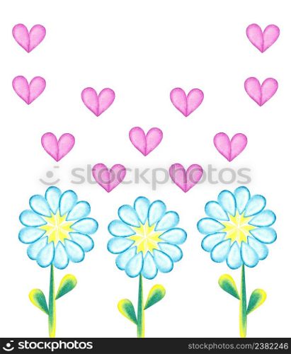 Watercolor background with daisies and hearts. Valentine greeting card. Watercolor daisies and hearts