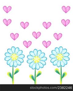 Watercolor background with daisies and hearts. Valentine greeting card. Watercolor daisies and hearts