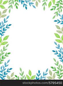Watercolor background with green branches and leaves