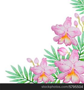 Watercolor background with pink orchids and green leaves