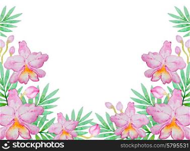 Watercolor background with pink orchids and green leaves