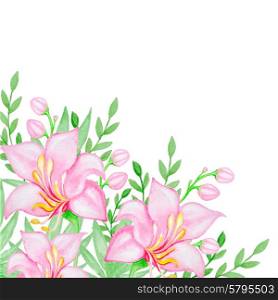 Watercolor background with pink tropical flowers and green leaves