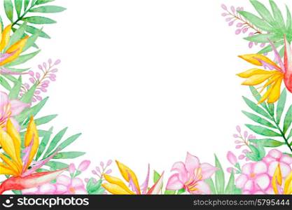 Watercolor background with tropical flowers and green leaves