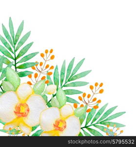 Watercolor background with yellow orchids and green leaves