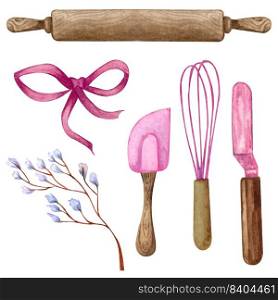 watercolor Baking set with kitchen utensils, mixer, chocolate, potholders, spoon, clay jag, whisk on white background. Cooking clipart. Baking illustration. Baking watercolor set with kitchen utensils, mixer, chocolate, potholders, spoon, clay jag, whisk on white background. Cooking clipart. Baking illustration