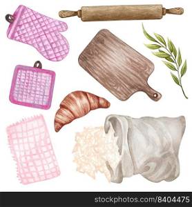 watercolor Baking set with kitchen utensils, mixer, chocolate, potholders, spoon, clay jag, whisk on white background. Cooking clipart. Baking illustration. Baking watercolor set with kitchen utensils, mixer, chocolate, potholders, spoon, clay jag, whisk on white background. Cooking clipart. Baking illustration
