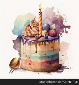 Watercolor Birthday cake isolated. Illustration Generative AI 