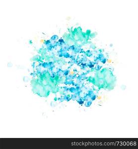 Watercolor blot with splashes and stains. Isolated blue blot on white background. Drawn by hand. Blue and aqua spots form a circle.. Watercolor blot of blue with splashes and stains.