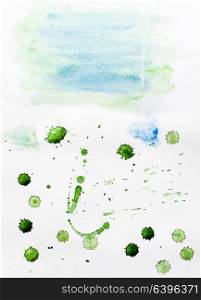 Watercolor blots and splashes of blue and green colors on the paper. Abstract illustration blots