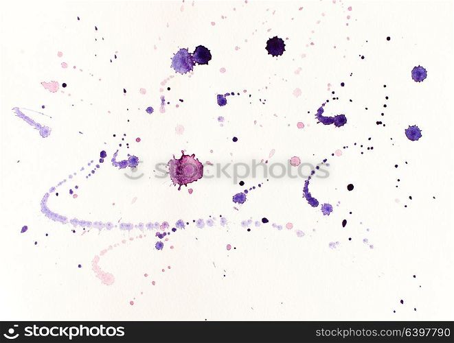 Watercolor blots and splashes of purple on the paper. Abstract illustration in violet tones