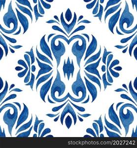 Watercolor blue damask hand drawn floral design. Seamless , tiling ornament. Ikat pattern repeat.. Blue damask seamless ornamental watercolor arabesque paint tile. Gorgeous texture background