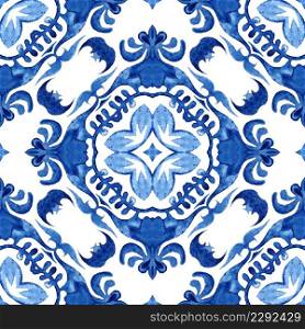 Watercolor blue damask seamless pattern Geometric medallion ornament. Flower blue tile background. Portuguese and spanish ceramics inspired.. Vintage damask floral seamless ornamental watercolor arabesque paint tile design pattern for tile decor.