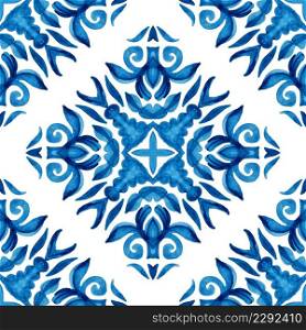 Watercolor blue damask seamless pattern, renaissance tiling ornament. Gorgeous Portuguese ceramic tile design. Vintage damask floral seamless ornamental watercolor arabesque paint tile design pattern for tile decor.