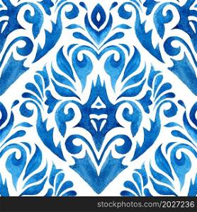 Watercolor blue floral design heraldic style. Seamless pattern, indigo Damask paint tile for fabric and ceramics. Abstract hand drawn watercolor tile seamless ornamental pattern. Damask floral design