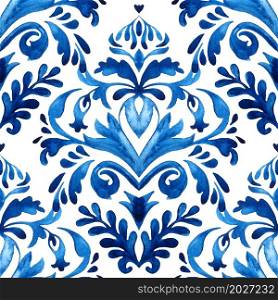 Watercolor blue floral design ikat mediterranean style. Seamless pattern, persian filigree background. Damask paint tile pattern for fabric and ceramics. Damask ikat mediterranean mandala flower for fabric and wallpapers