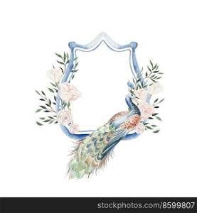 Watercolor blue  wedding emblems with peacoc. Illustration. Watercolor blue  wedding emblems with peacoc. 