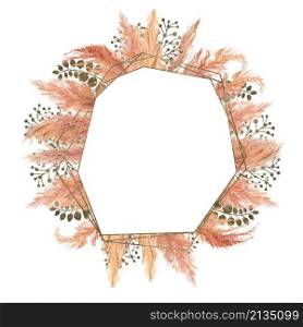 Watercolor boho bouquet with dried pampas grass and silver geometric frame on isolated on white background. Handmade flower illustration for wedding or holiday design of invitations, postcards