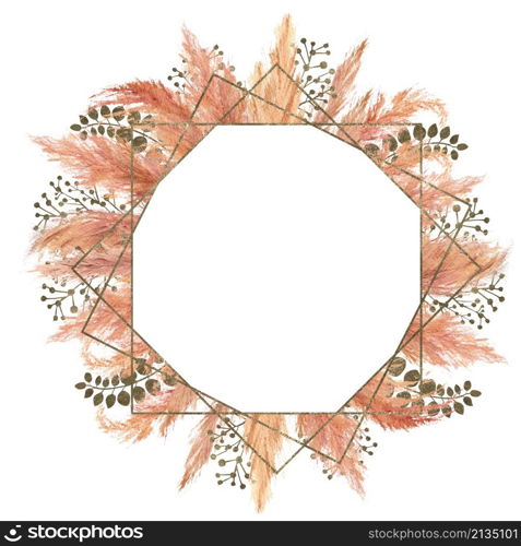 Watercolor boho bouquet with dried pampas grass and silver geometric frame on isolated on white background. Flower illustration for wedding or holiday design of invitations, postcards, printing