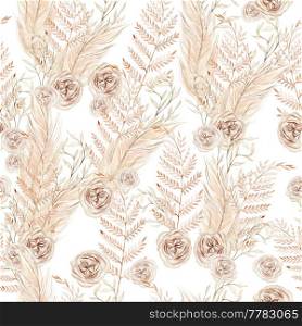 Watercolor boho seamless pattern with hand painted rose flowers, leaves, branches of pampas. Illustration. Watercolor boho seamless pattern with hand painted rose flowers, leaves, branches of pampas.