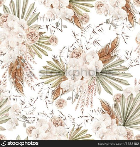 Watercolor boho seamless pattern with hand painted tropical flowers of dried palm leaves, branches of pampas and rose flowers.   Illustration. Watercolor boho seamless pattern with hand painted tropical flowers of dried palm leaves, branches of pampas and rose flowers.  
