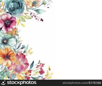 Watercolor border made of flowers with copy space on the white background, created with generative AI