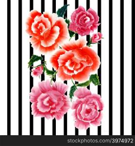 Watercolor bouquet of flower over black stripes geometric floral background.