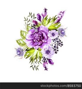 Watercolor bouquet with anemone and wild berry. Illustration. Watercolor bouquet with anemone and wild berry. 