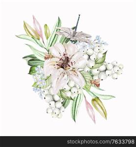 Watercolor bouquet with lily flowers, buds and leaves. Illustration. Watercolor bouquet with lily flowers, buds and leaves.